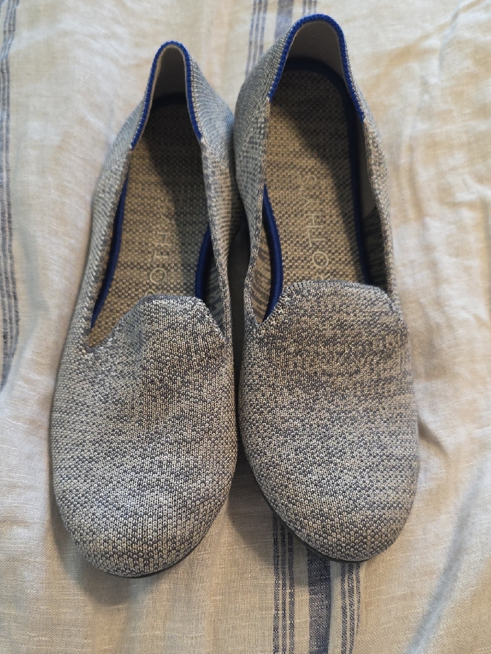 Rothy's Heathered Gray Knit Slip-On Loafers with Blue Trim